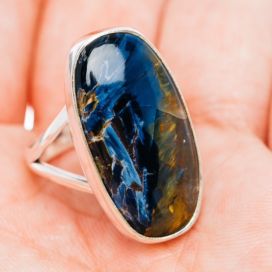 Sterling silver Pietersite ring with oval setting, dark blue and brown banded stone