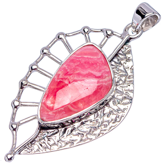 Teardrop rhodochrosite pendant in .925 sterling silver with pink stone and openwork frame.