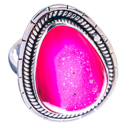 Sterling silver oval pink druzy ring with ornate bezel, large statement style