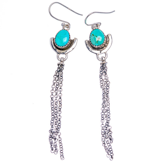 Sterling silver turquoise oval hook earrings with curved bezel and long chain tassels