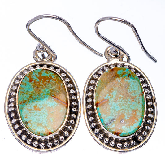 Pair of turquoise oval drop earrings, .925 sterling silver beaded bezel with hook