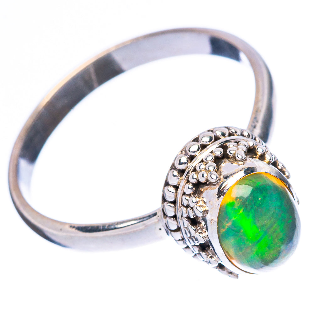 925 sterling silver opal ring with oval green stone and detailed band, size 7