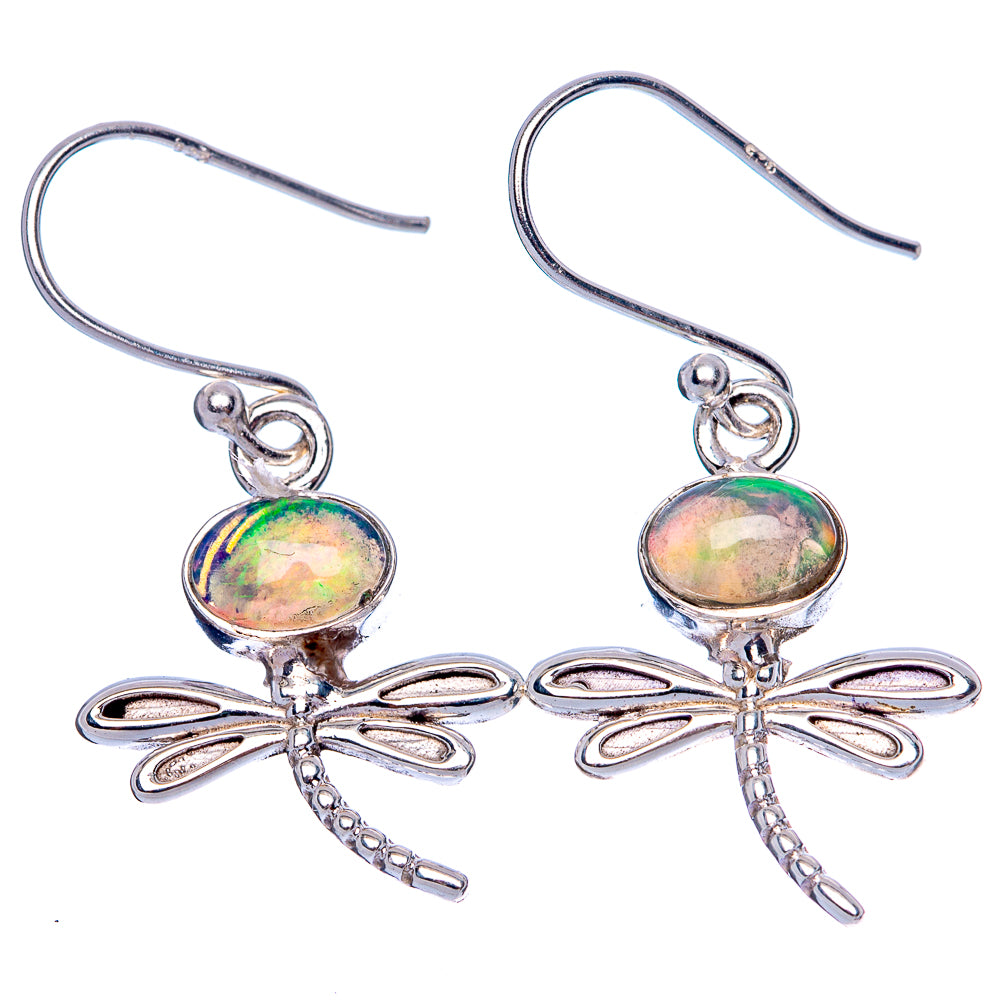 Sterling silver dragonfly earrings with rainbow opal-like oval drops and slim wings