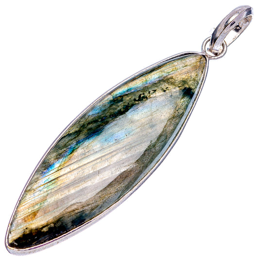 Silver-plated labradorite marquise pendant with pale gray, green, and blue flashes.