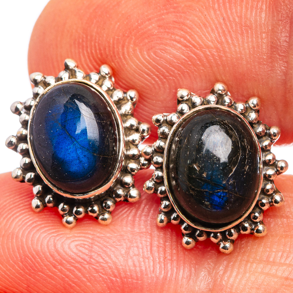 Labradorite dainty earrings, oval dark blue stone with 925 silver beaded halo setting