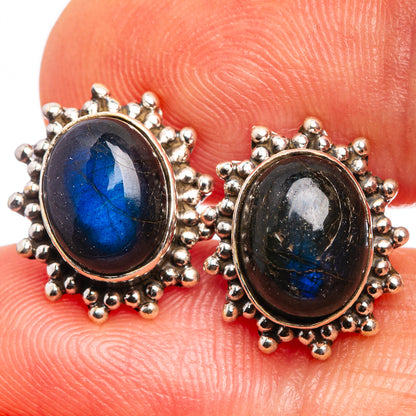 Labradorite dainty earrings, oval dark blue stone with 925 silver beaded halo setting
