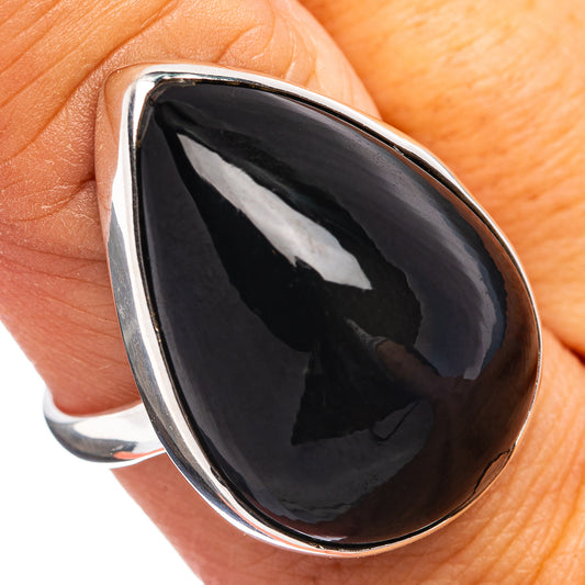 Sterling silver ring with black teardrop obsidian cabochon, high-polish bezel