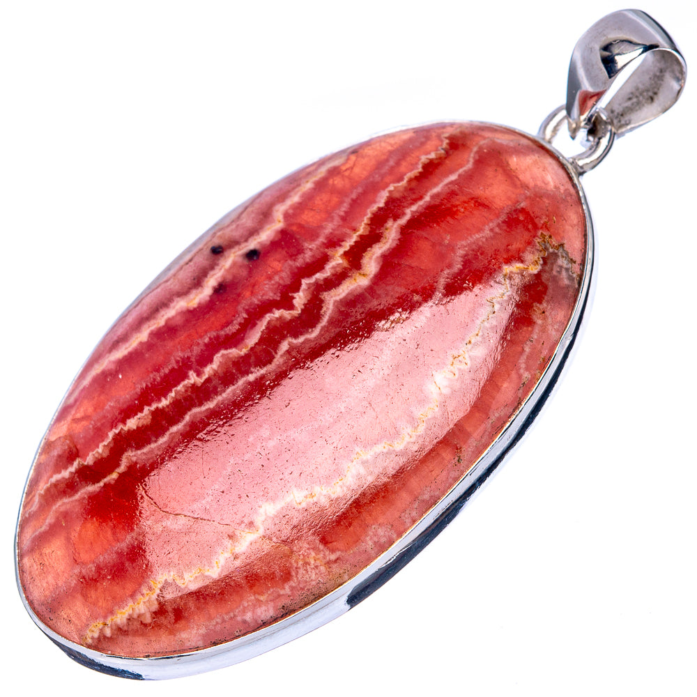 Oval rhodochrosite pendant with red and cream striated stone, sterling silver bezel and bail.