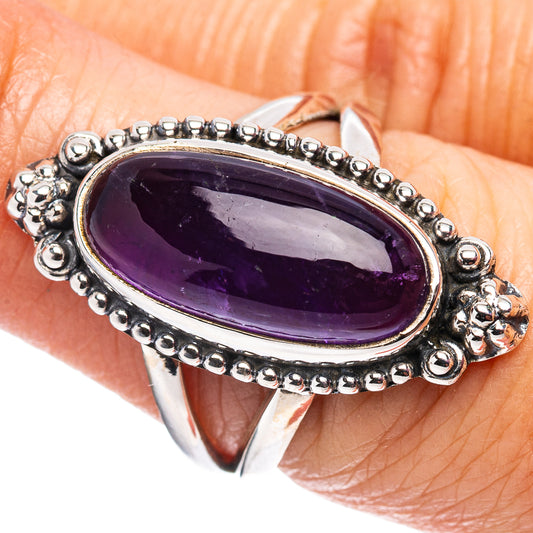 Amethyst ring size 7 in .925 sterling silver, oval purple gemstone in beaded halo setting
