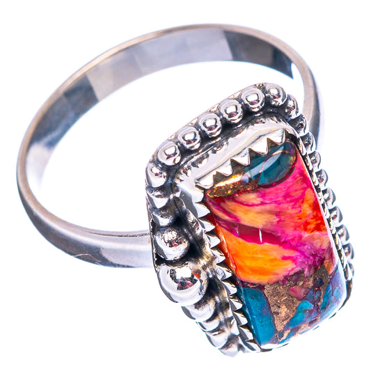 Turquoise and pink gemstone inlay sterling silver ring with beaded edge, size 7.75