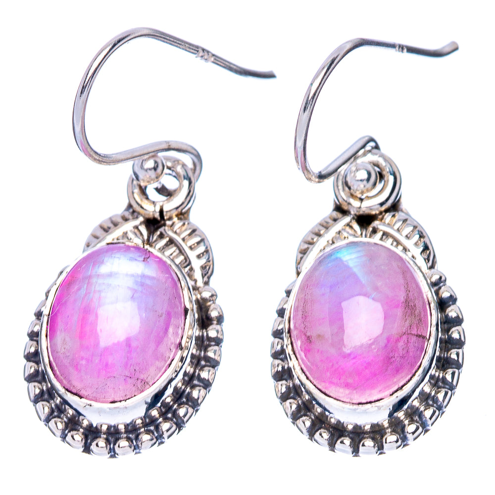 Pink oval moonstone dangle earrings, sterling silver filigree frame, round bail and hooks