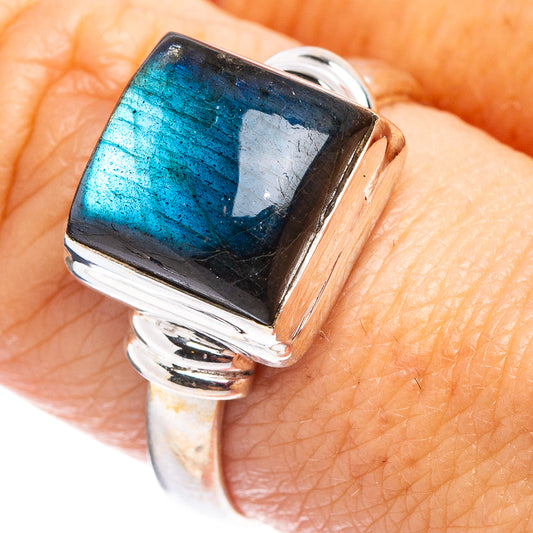 Labradorite ring with .925 sterling silver band, blue flash stone, size 8.75