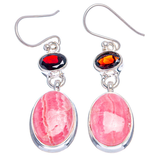 Sterling silver drop earrings with pink rhodochrosite teardrops and red-black garnet tops