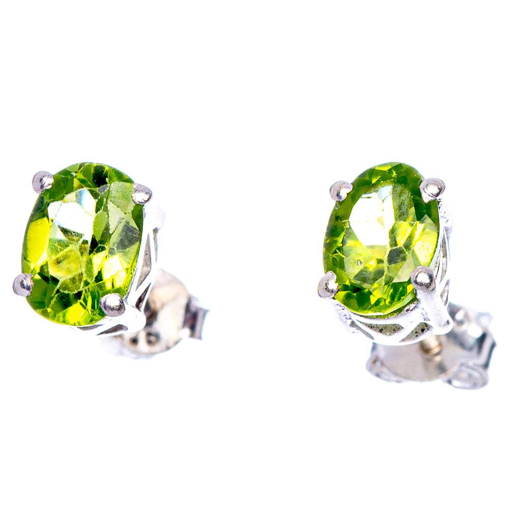 Peridot oval stud earrings, bright green stone with round prongs on 925 silver