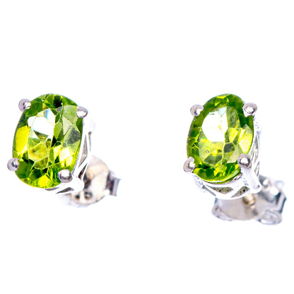 Peridot oval stud earrings, bright green stone with round prongs on 925 silver
