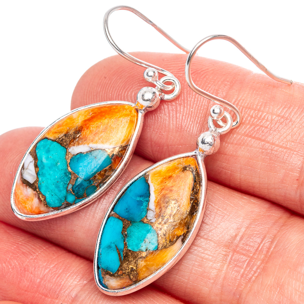 Oval turquoise and orange spiny oyster drop earrings on 925 sterling silver hooks