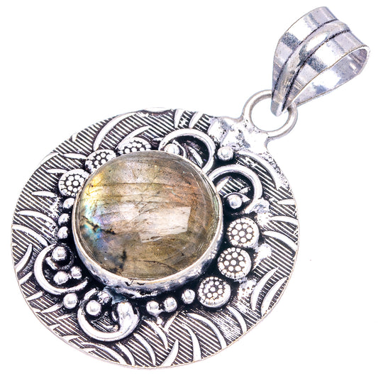 Labradorite cabochon pendant, German silver ornate oval border with decorative beadwork