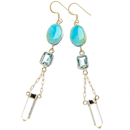 Signature Larimar, Blue Topaz, White Quartz Earrings 3 5/8" (925 Sterling Silver) EARR431981