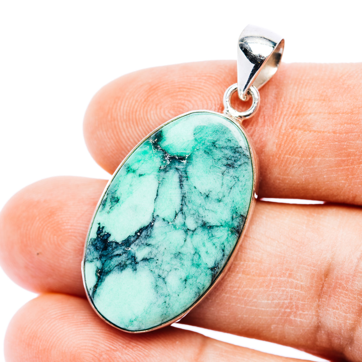 Oval turquoise variscite pendant in .925 sterling silver bezel, with loop bail