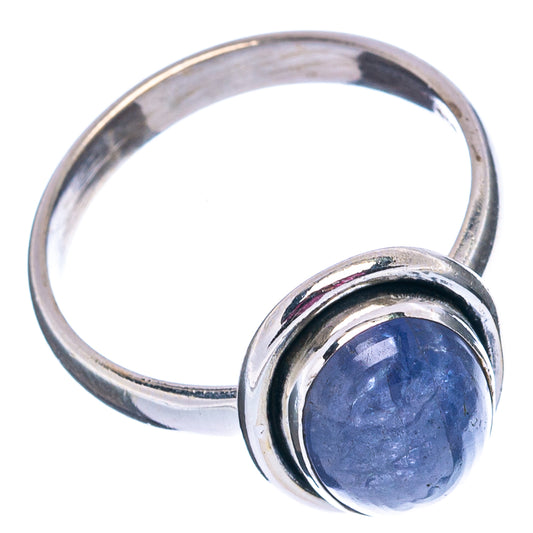 Sterling silver tanzanite ring with bezel-set round blue gemstone cabochon