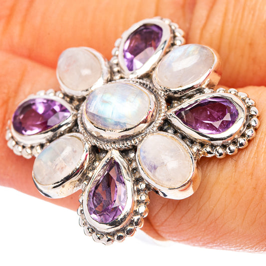 Sterling silver flower ring with amethyst and rainbow moonstone oval stones