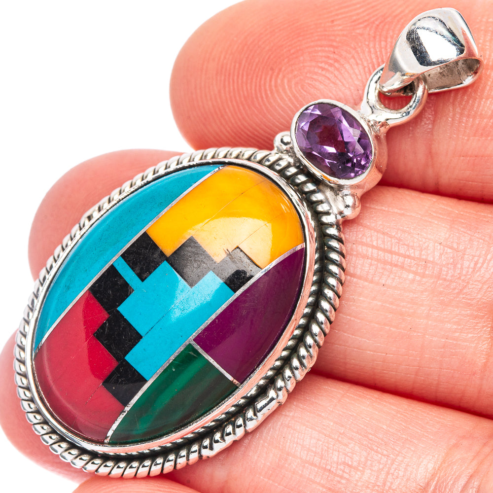 Multi-Stone Inlay, Amethyst Pendant 1 7/8" (925 Sterling Silver) P41528