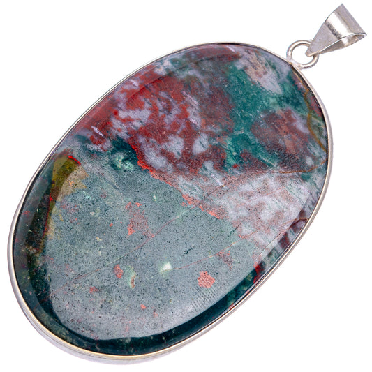 Silver-plated bloodstone pendant, oval stone with blue-green and red speckles, bail