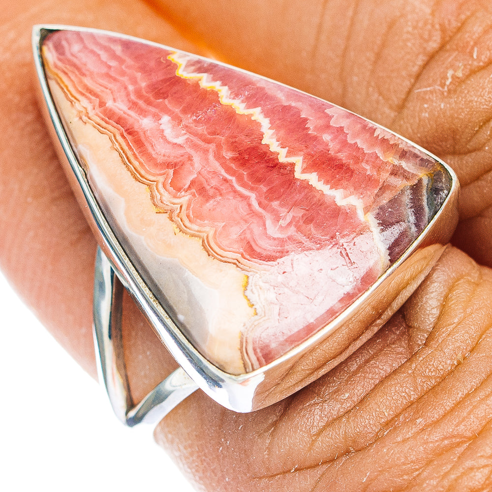 Rhodochrosite cabochon ring with teardrop pink-red stone in .925 sterling silver band
