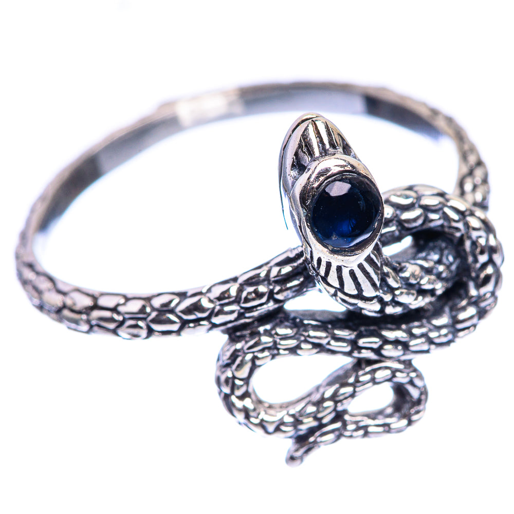 Sterling silver snake ring with raised head setting dark blue oval gemstone