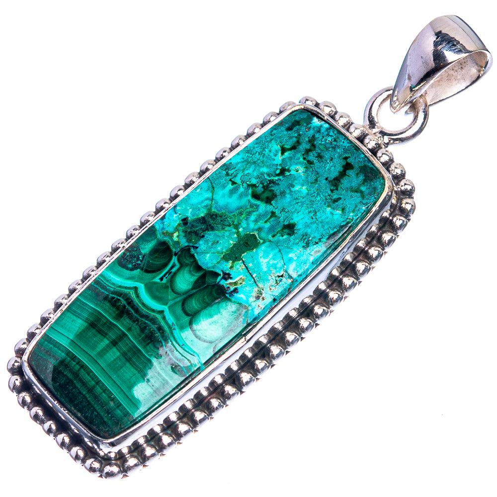 925 sterling silver rectangle pendant with teal malachite/chrysocolla stone and top bail