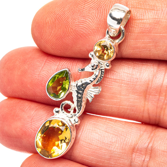Citrine Seahorse, Peridot Motif Pendant 1 3/4" (.925 Sterling Silver)