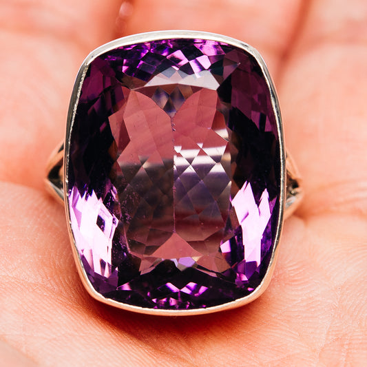 Sterling silver amethyst ring, oval faceted deep purple gemstone in bezel setting