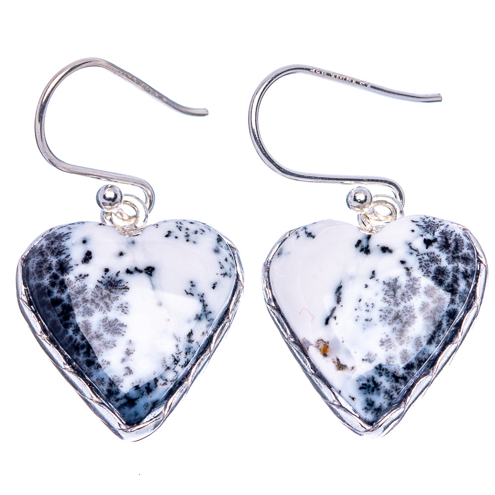Dendritic Opal Heart 925 Sterling Silver Earrings 1 1/4" (925 Sterling Silver) E1969