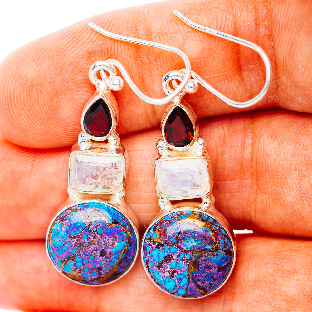 925 sterling silver drop earrings with red teardrop stones and blue turquoise cabochons
