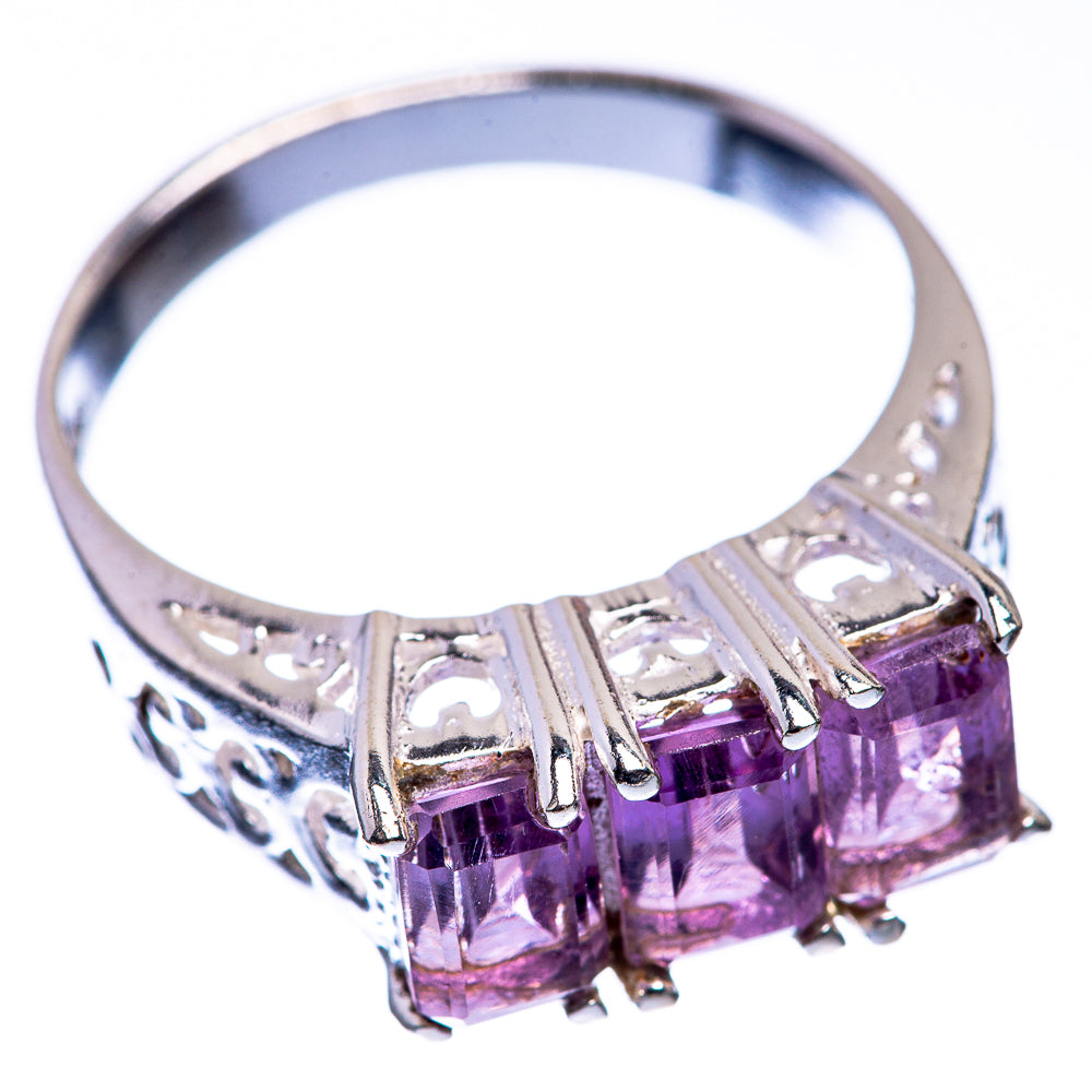 Sterling silver ring with three faceted amethyst squares in a dainty setting