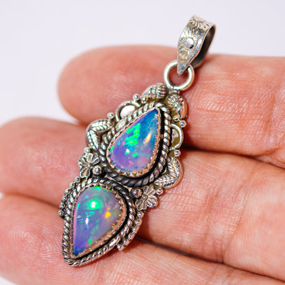 Large Southwestern Style Ethiopian Opal Pendant 1 7/8" (.925 Sterling Silver)