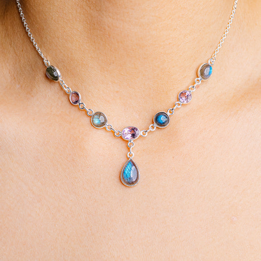 925 sterling silver gemstone necklace with blue and purple oval stones and teardrop pendant