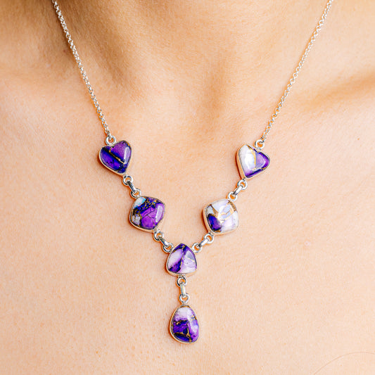 Purple gemstone heart-link sterling silver necklace with chain