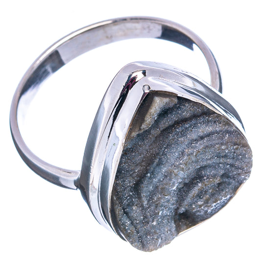 Sterling silver druzy statement ring with dark gray sparkling stone in bezel setting