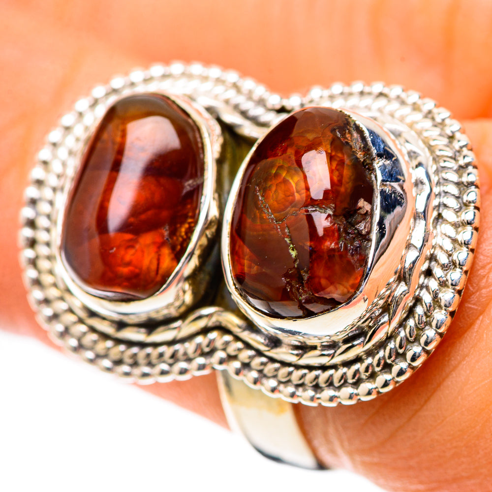 Mexican fire agate sterling silver ring with two teardrop orange cabochons, textured band
