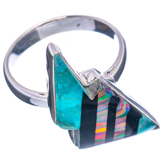 Sterling silver opal bolt ring, teal opal stone with iridescent stripe inlay