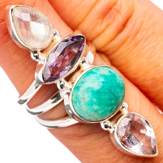 Sterling silver four-stone ring with green round, purple and clear-pink oval gems