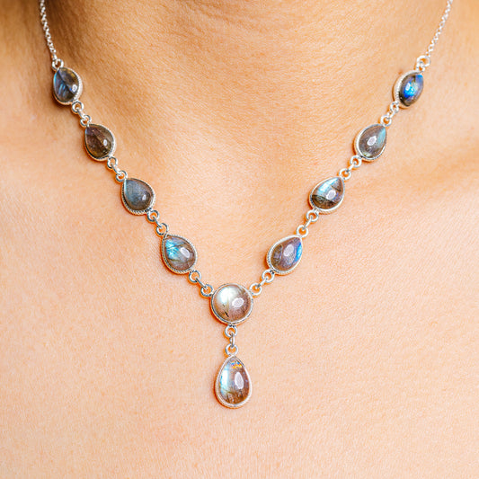 Sterling silver labradorite necklace with teardrop stones, 16–17 in