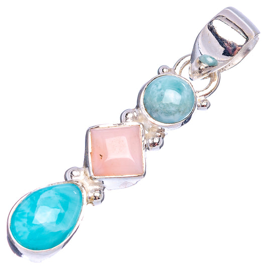 Sterling silver multi-stone pendant with pink opal square and oval blue gemstones