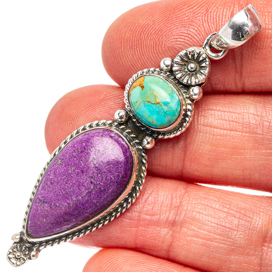 Sterling silver pendant with purple oval and turquoise cabochon stones, ornate bail