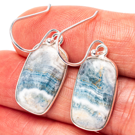 Sterling silver oval blue scheelite dangle earrings with gemstone front view, French hooks