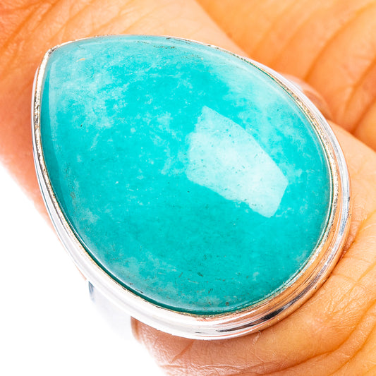 Oval turquoise amazonite cabochon sterling silver ring, close-up top view
