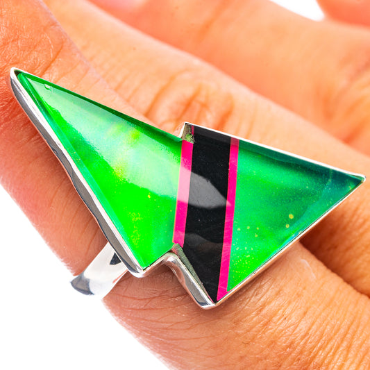Silver ring with green opal triangle, black center, pink edges, size 7