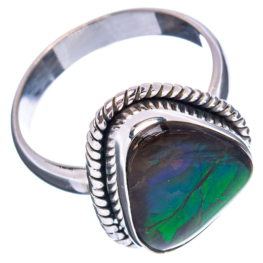 Sterling silver ammolite ring, braided bezel with green-blue iridescent teardrop stone