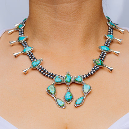Southwestern Style Sonoran Gold Turquoise Squash Blossom Necklace 19 to 20" (.925 Sterling Silver)